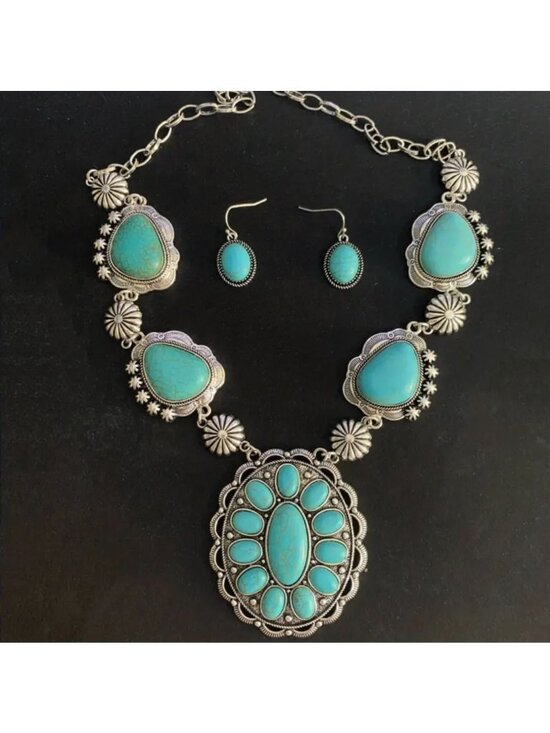 unbranded Jewelry - Imitation Turquoise Necklace Earrings Set Silver Tone